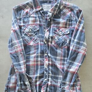 BKE Blue and Red Plaid Casual Button Down Shirt